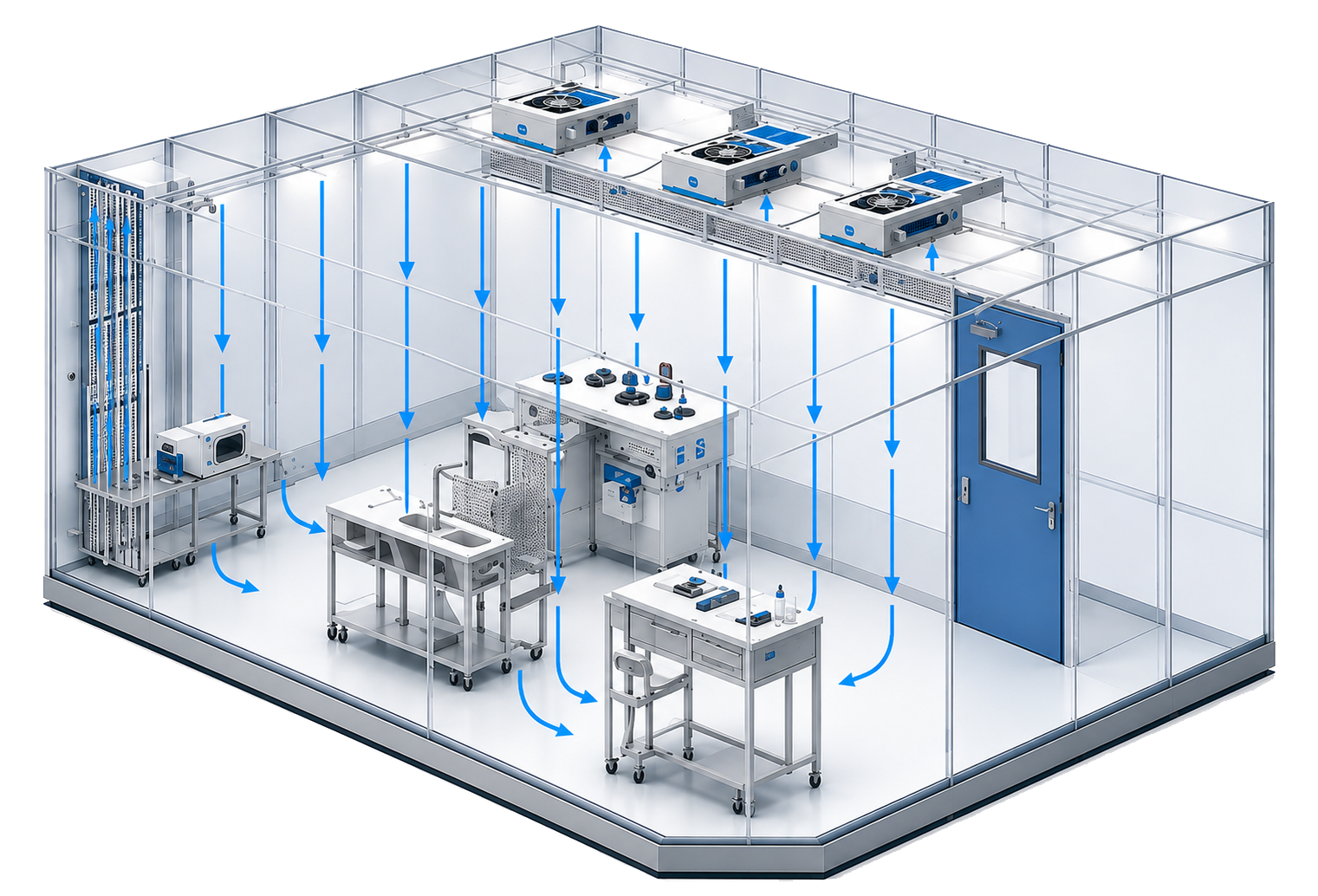 Cutaway diagram of a cleanroom showing laminar downward airflow
